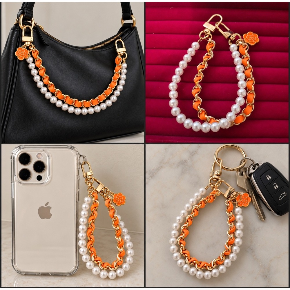 Orange Pearl Bag Charm Phone Strap Keychain Camellia Flower 10 Inch Gold Tone